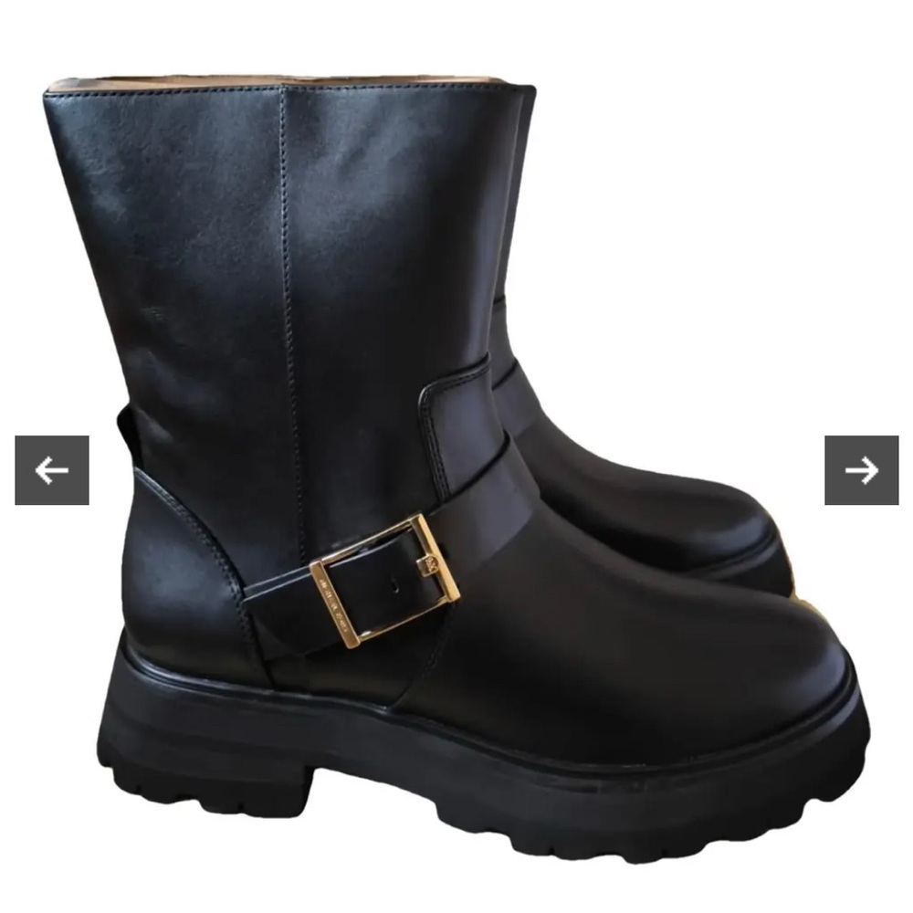 Michael Kors- Easton Moto Black Combat Boots with Gold Buckle
